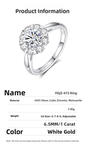 Close-up of S925 silver sunflower ring with 1 carat moissanite and product specifications