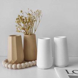 Minimalist ceramic flower vase set of four in khaki and white for desktop decor