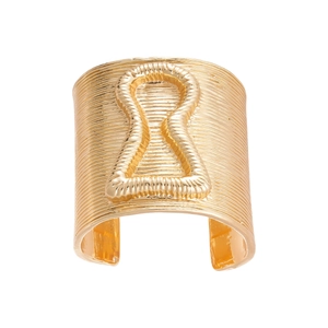 Wide gold open bangle featuring horizontal stripes and a textured keyhole emblem