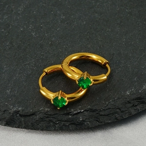 Fashionable gold stainless steel hoop earrings featuring emerald green zircon stones