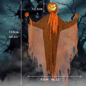 Luminous 48 inch Halloween hanging pumpkin ghost with orange robes and glowing green eyes