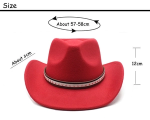 Detailed size specifications for a red wool felt cowboy hat with 57-58cm circumference