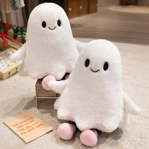 Cute white ghost plush toy set with pink feet and soft fur for Halloween gift