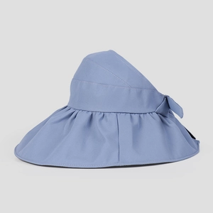 Detail of wide brim sun hat with side bow decoration and high density sun protection fabric