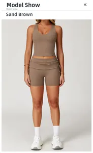 Detail of sand brown yoga set featuring V-neck crop tank top and high-waisted shorts