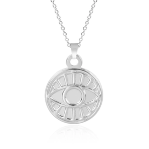 Detailed view of silver stainless steel evil eye pendant with thin chain and reflection