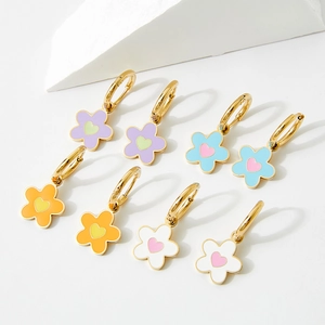 Sweet Flower Heart Charm Hoop Earrings Stainless Steel Colorful Enamel Drip Oil Fresh Style Jewelry For Women Girls