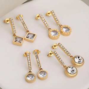 Light Luxury Stainless Steel Rhinestone Stud Earrings Fashion Geometric Square Round Roman Numeral Dangle Earrings For Women