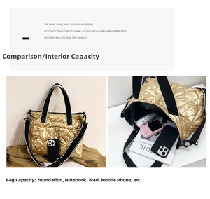 Detail view of the large capacity interior of the golden quilted tote bag for daily essentials