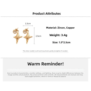 Macro view of gold-plated star earrings with zircon, size 1.5x2.5cm and weight 3.4g