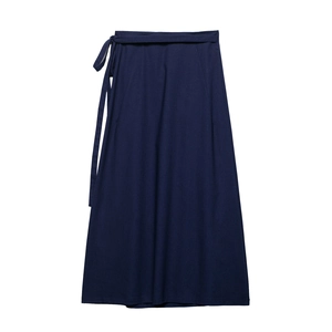 Women's navy blue wrap sarong skirt with high waist self-tie bow in pure linen fabric