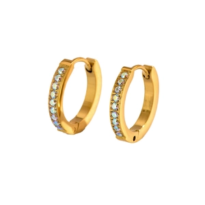 Gold stainless steel hoop earrings with rainbow rhinestones and 18K gold finish
