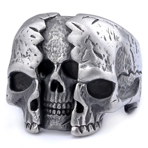 Vintage gothic pilot skull ring with double-layered nested design in antique silver finish