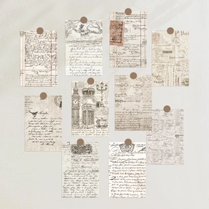 Set of 10 vintage scrapbook postcards with retro architectural and script patterns