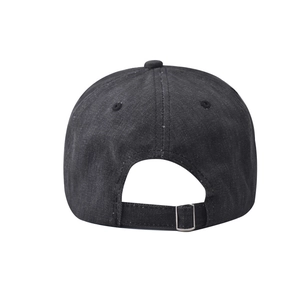 Rear view of washed black cotton baseball cap showing adjustable silver metal buckle