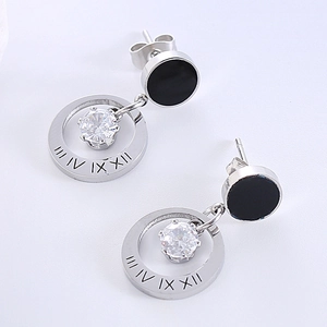 Silver stainless steel stud earrings with roman numerals and clear cubic zirconia