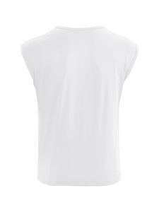 Back view of a white sleeveless t-shirt made of high-quality breathable knit cotton fabric