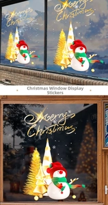 Dettaglio adesivi natalizi con pupazzo di neve 3D e scritte dorate Merry Christmas