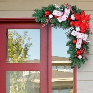Christmas Door Corner Swag L-Shaped Simulation Pine Needle Garland With Poinsettia Flowers Ornaments For Home Window Frame Decoration