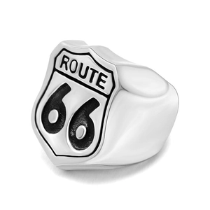 Silver shield-shaped Route 66 signet ring for men made of durable titanium steel