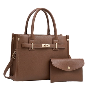 Brown textured leather handbag set for women with large tote and matching clutch bag
