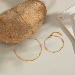 Set collana e bracciale minimalista placcato oro 18 carati con elementi a catena rettangolari