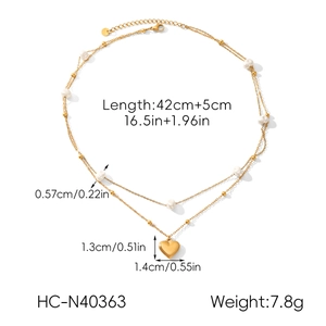 Detailed size specifications for double-layer gold heart necklace with white pearls