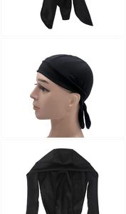 Detailed views of black satin durag with long straps for hair styling and street fashion