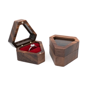 Pentagon walnut wood ring box with glass window and red velvet interior for jewelry