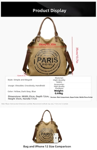 Detailed size guide and specifications for the large canvas tote bag with dimensions