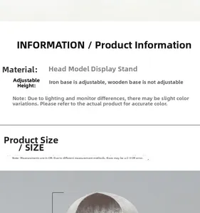 Velvet head mannequin stand details showing adjustable iron base and wood base options