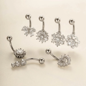 Silver stainless steel belly rings set with sparkling zircon in heart and butterfly shapes