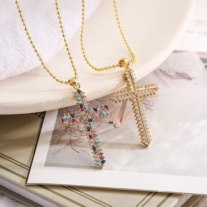 Hip Hop Retro Copper Gold Plated Cross Pendant Necklace Geometric Zirconia Inlaid Colorful Stone Bead Chain Women Jewelry