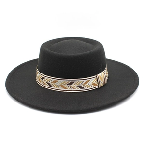 Vintage Woolen Felt Fedora Hat Men Women Flat Top Wide Brim Boater Hat Ethnic Geometric Woven Band Sun Protection Warm Jazz Hat