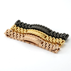 Three-piece stainless steel watch bands set in rose gold, gold, and black finishes