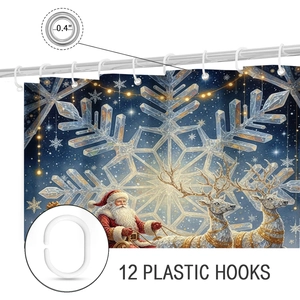 Detail view of Christmas shower curtain with metal grommets and 12 plastic hooks included