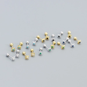 S925 silver eight-pointed star screw studs with colorful zirconia and gold finish