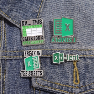 Creative Excel spreadsheet enamel pins set on blue denim jacket for office humor