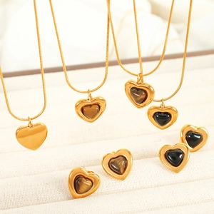 French Retro Stainless Steel Heart Jewelry Set For Women Minimalist Tiger Eye Stone Glass Necklace Stud Earrings Elegant Gift