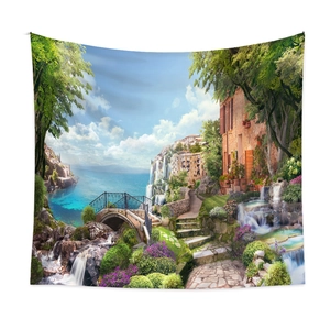 Detail of Mediterranean landscape tapestry showing waterfall and sea view hanging on wall