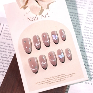 French black cat eye press-on nails with 3D butterfly and crystal accents, 10-piece set