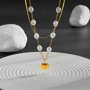 Double Layer Heart Pendant Necklace Titanium Steel With Irregular Artificial Pearl Love Engraved Gold Plated Fashion Jewelry