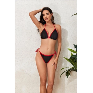 Sexy black triangle bikini set with red contrast trim and neck tie straps for women