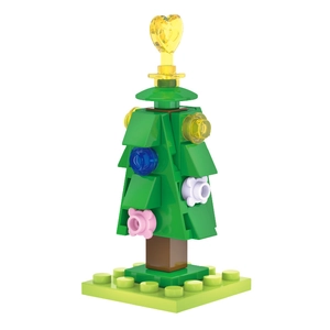 Dettaglio di un albero di Natale in mattoncini con decorazioni circolari colorate