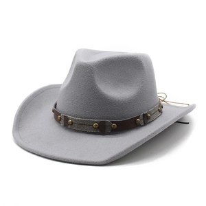 Detailed view of grey wool felt western hat with dark brown studded leather band