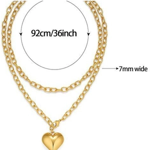 Double-layer golden chain necklace with heart pendant, 92cm length and 7mm width