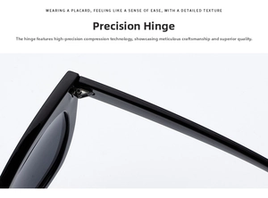 Macro detail of the high-precision metal hinge and rivet on these cat eye sunglasses