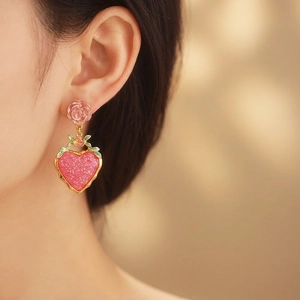 Vintage gold heart strawberry earrings with pink resin roses and sparkling glitter detail