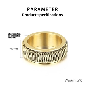 Technical specifications of 8mm gold stainless steel spinner ring with mesh texture