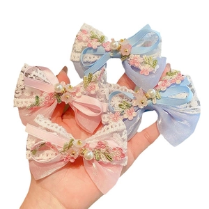 Pink and blue lace bow hair clips set with pearls for girls and sweet children hair accessories
